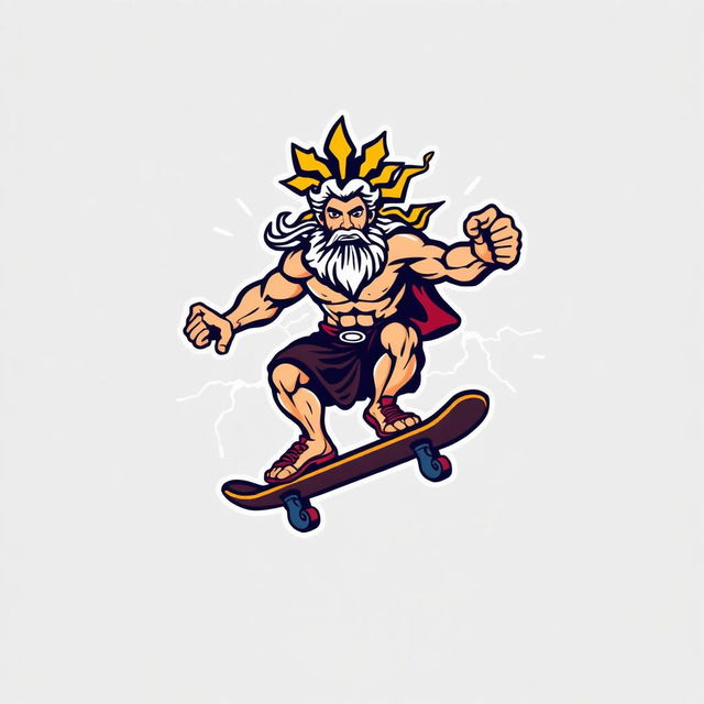 A bold and dynamic logo design featuring Zeus, the Greek god, depicted riding a skateboard with thunderbolts crackling around him