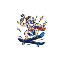 A bold and dynamic logo design featuring Zeus, the Greek god, depicted riding a skateboard with thunderbolts crackling around him