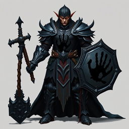 A striking full-height elf warrior standing confidently, showcasing intricate dark armor adorned with a prominent black handprint across the chest plate and shield