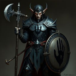 A striking full-height elf warrior standing confidently, showcasing intricate dark armor adorned with a prominent black handprint across the chest plate and shield
