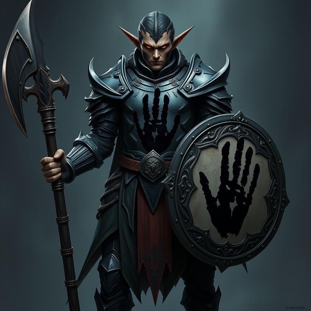 A striking full-height elf warrior standing confidently, showcasing intricate dark armor adorned with a prominent black handprint across the chest plate and shield