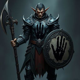 A striking full-height elf warrior standing confidently, showcasing intricate dark armor adorned with a prominent black handprint across the chest plate and shield