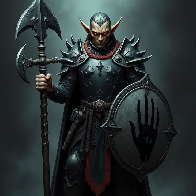 A striking full-height elf warrior standing confidently, showcasing intricate dark armor adorned with a prominent black handprint across the chest plate and shield