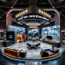 An exhibition booth designed for showcasing Indian military weapons, highlighted by a modern, technological aesthetic