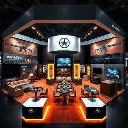 An exhibition booth designed for showcasing Indian military weapons, highlighted by a modern, technological aesthetic
