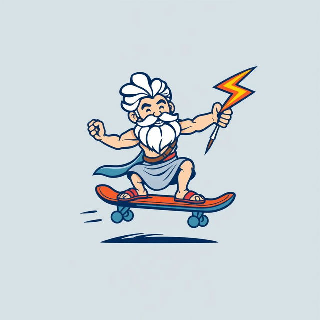 A casual and playful logo design featuring Zeus, the Greek god, riding a skateboard with a thunderbolt confidently in hand