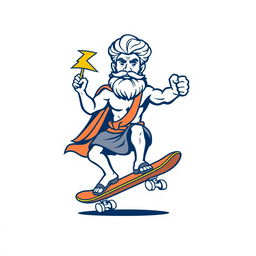 A casual and playful logo design featuring Zeus, the Greek god, riding a skateboard with a thunderbolt confidently in hand