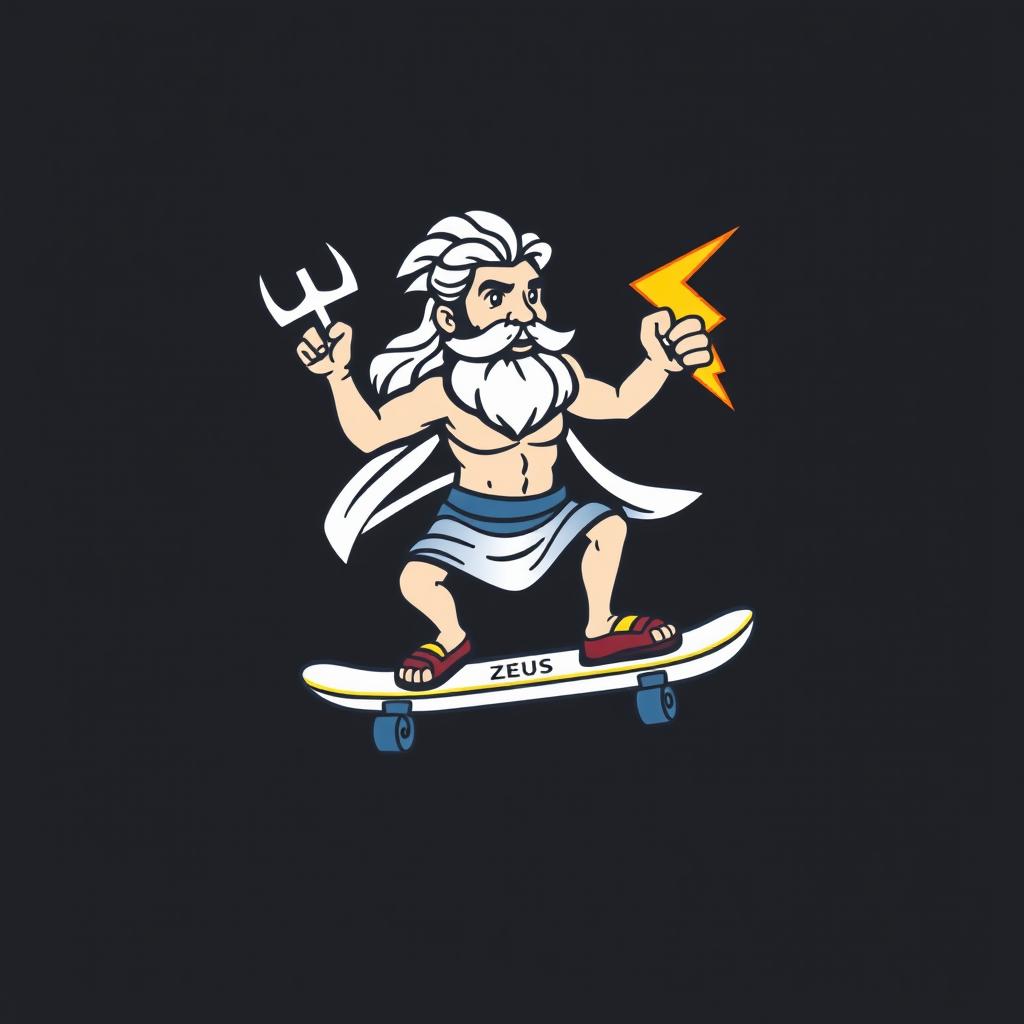 A casual and playful logo design featuring Zeus, the Greek god, riding a skateboard with a thunderbolt confidently in hand