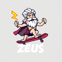 A casual and playful logo design featuring Zeus, the Greek god, riding a skateboard with a thunderbolt confidently in hand