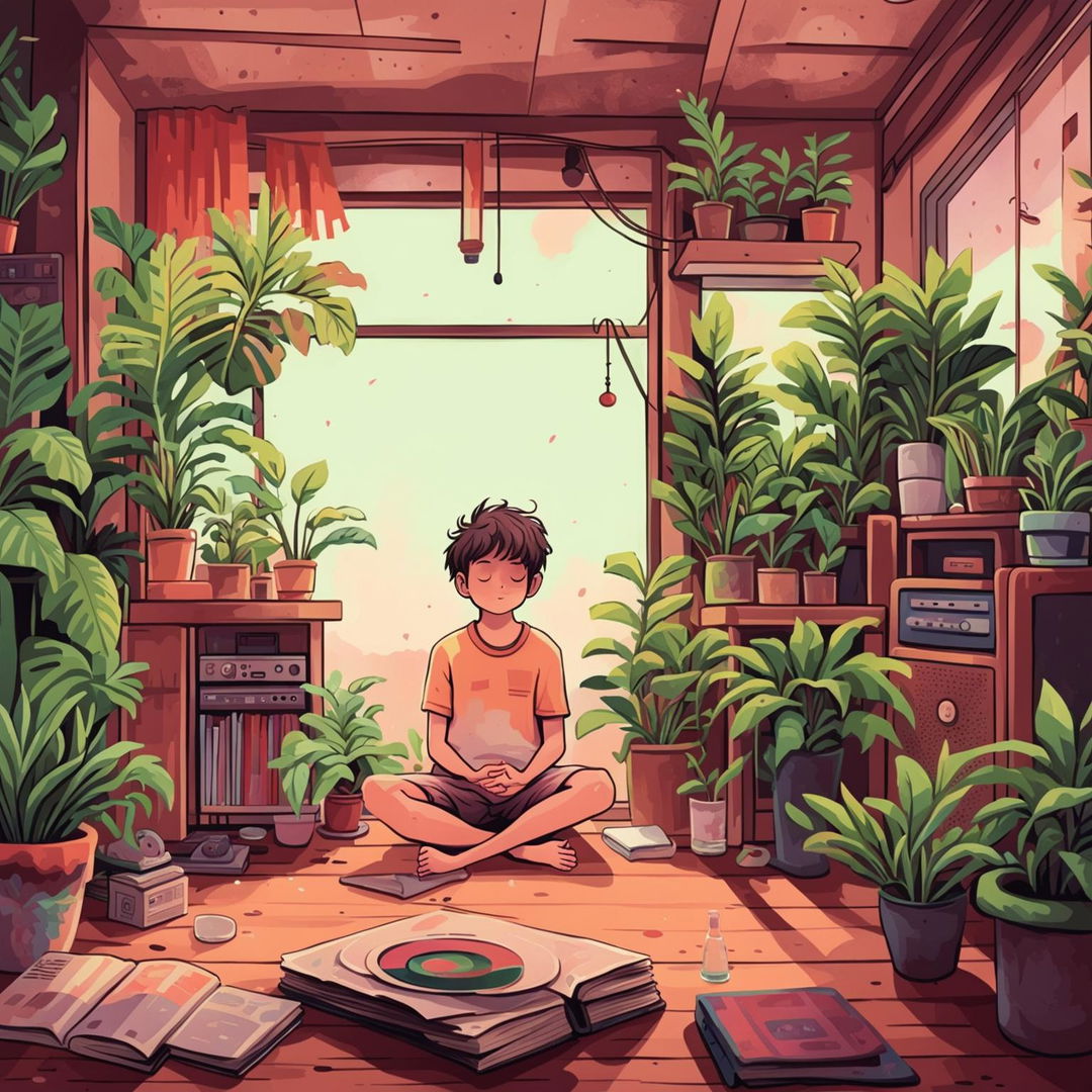 Lo-fi digital art album cover featuring a meditating boy in an eclectic room filled with plants, books, a record player and a guitar.