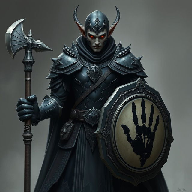 A formidable full-height elf warrior depicted in detailed dark armor featuring a striking black handprint on both the armor and the shield