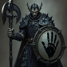 A formidable full-height elf warrior depicted in detailed dark armor featuring a striking black handprint on both the armor and the shield