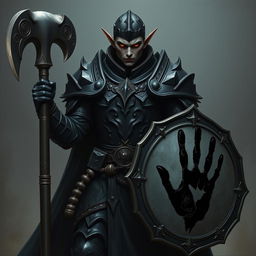 A formidable full-height elf warrior depicted in detailed dark armor featuring a striking black handprint on both the armor and the shield