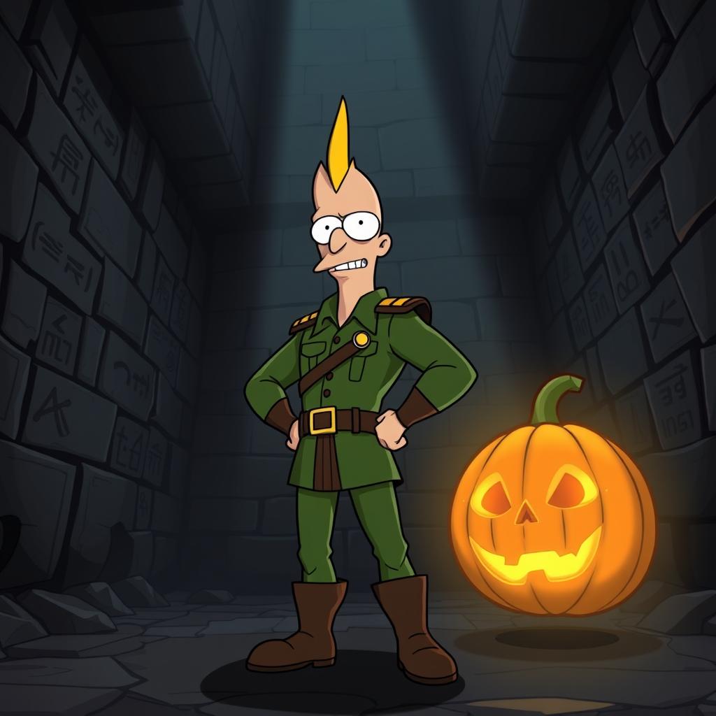 Zapp Brannigan, the flamboyant and overconfident character from Futurama, stands inside a dark, eerie pyramid interior