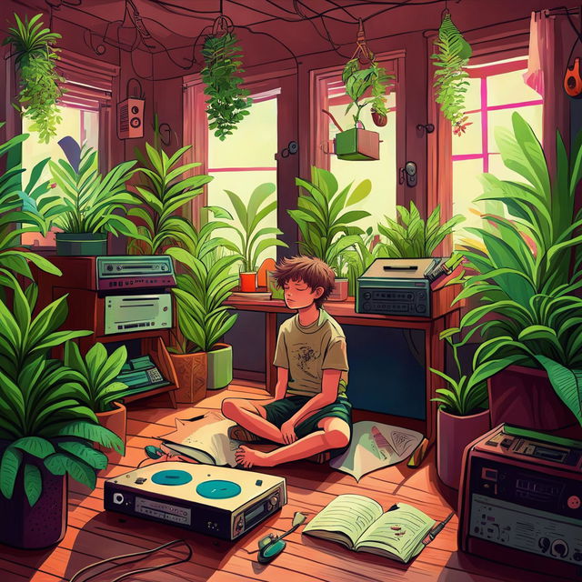 Intricate digital art of a meditating boy in a moody, eclectic room filled with plants, books, a record player and a guitar, with immaculate lighting and beautiful composition.