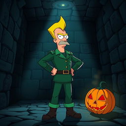 Zapp Brannigan, the flamboyant and overconfident character from Futurama, stands inside a dark, eerie pyramid interior