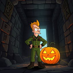 Zapp Brannigan, the flamboyant and overconfident character from Futurama, stands inside a dark, eerie pyramid interior