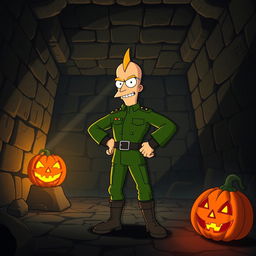 Zapp Brannigan, the flamboyant and overconfident character from Futurama, stands inside a dark, eerie pyramid interior