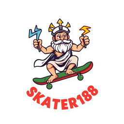A casual and eye-catching logo design featuring Zeus, the Greek god, riding a skateboard with a thunderbolt confidently held in one hand