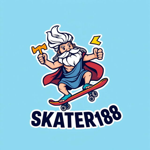 A casual and eye-catching logo design featuring Zeus, the Greek god, riding a skateboard with a thunderbolt confidently held in one hand