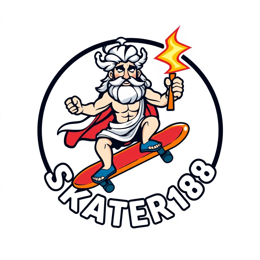 A casual and eye-catching logo design featuring Zeus, the Greek god, riding a skateboard with a thunderbolt confidently held in one hand