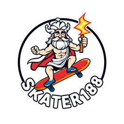 A casual and eye-catching logo design featuring Zeus, the Greek god, riding a skateboard with a thunderbolt confidently held in one hand