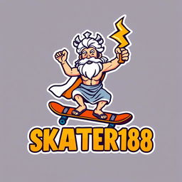 A casual and eye-catching logo design featuring Zeus, the Greek god, riding a skateboard with a thunderbolt confidently held in one hand