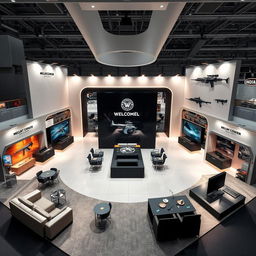 A sophisticated exhibition booth designed to showcase Indian military weapons, featuring a cutting-edge modern and technological aesthetic
