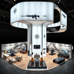 A sophisticated exhibition booth designed to showcase Indian military weapons, featuring a cutting-edge modern and technological aesthetic