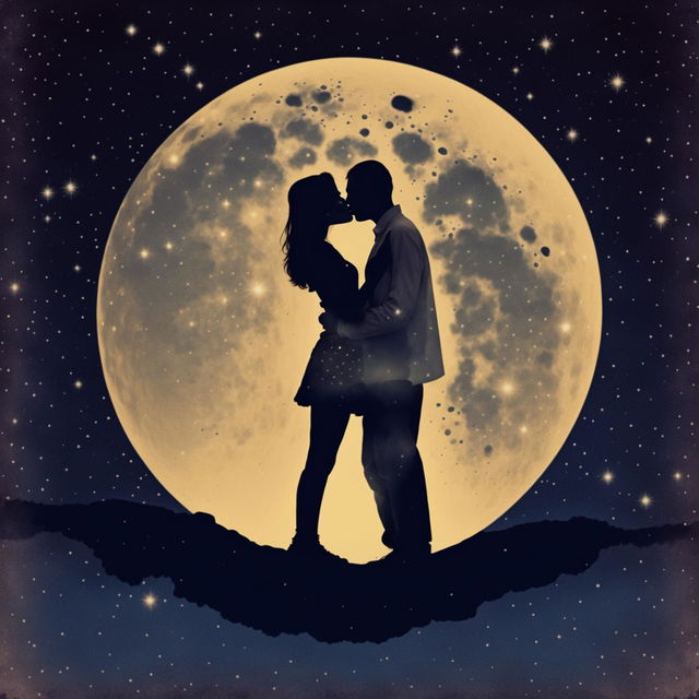 Vintage lo-fi album cover featuring a silhouetted couple kissing under a huge cream-colored moon against an indigo star-speckled sky.