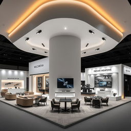 A sophisticated exhibition booth designed to showcase Indian military weapons, featuring a cutting-edge modern and technological aesthetic