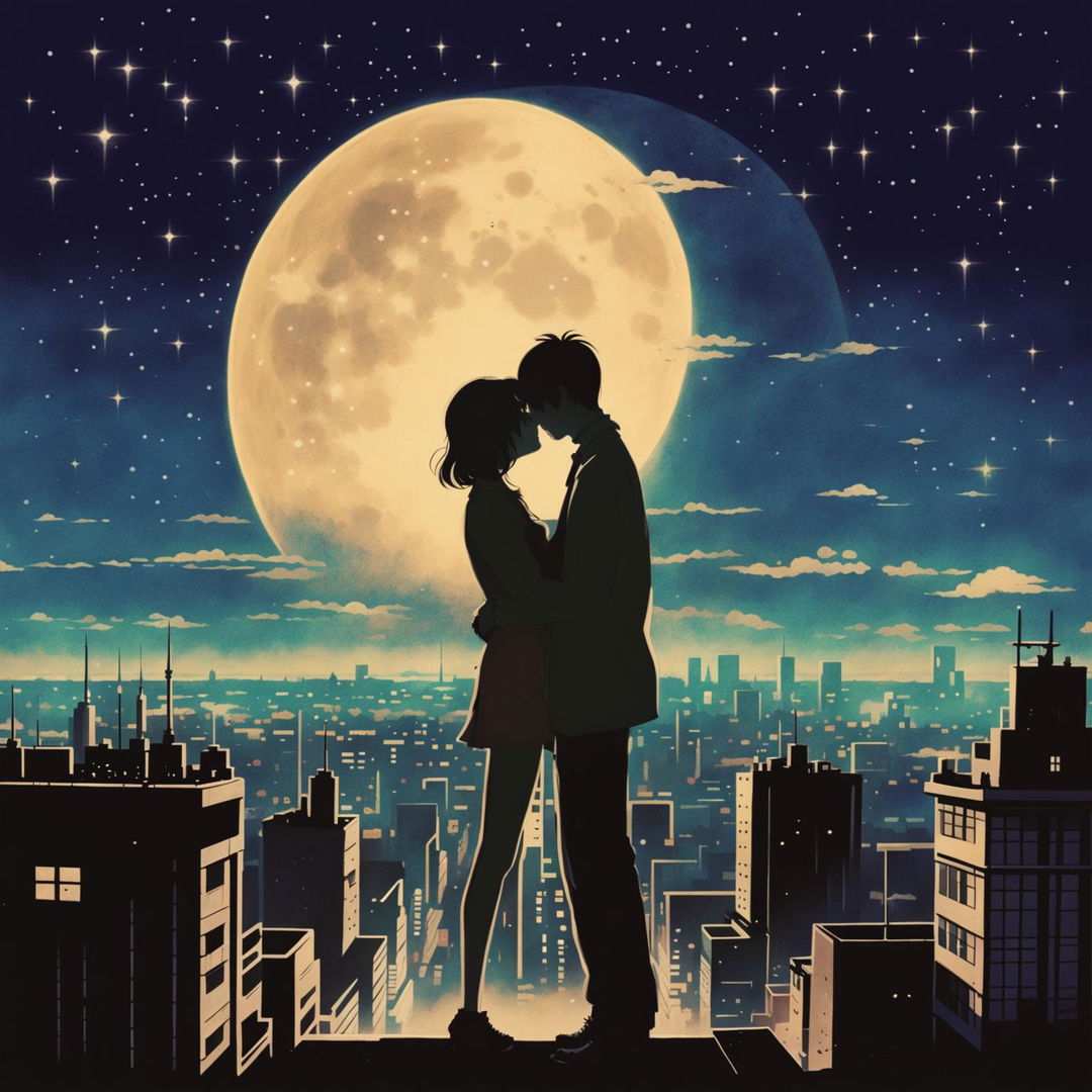 Anime-style vintage lo-fi album cover featuring a silhouetted couple kissing under a huge cream-colored moon with a cityscape background.