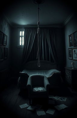 A hauntingly atmospheric bedroom filled with shadows and soft moonlight filtering through the curtains
