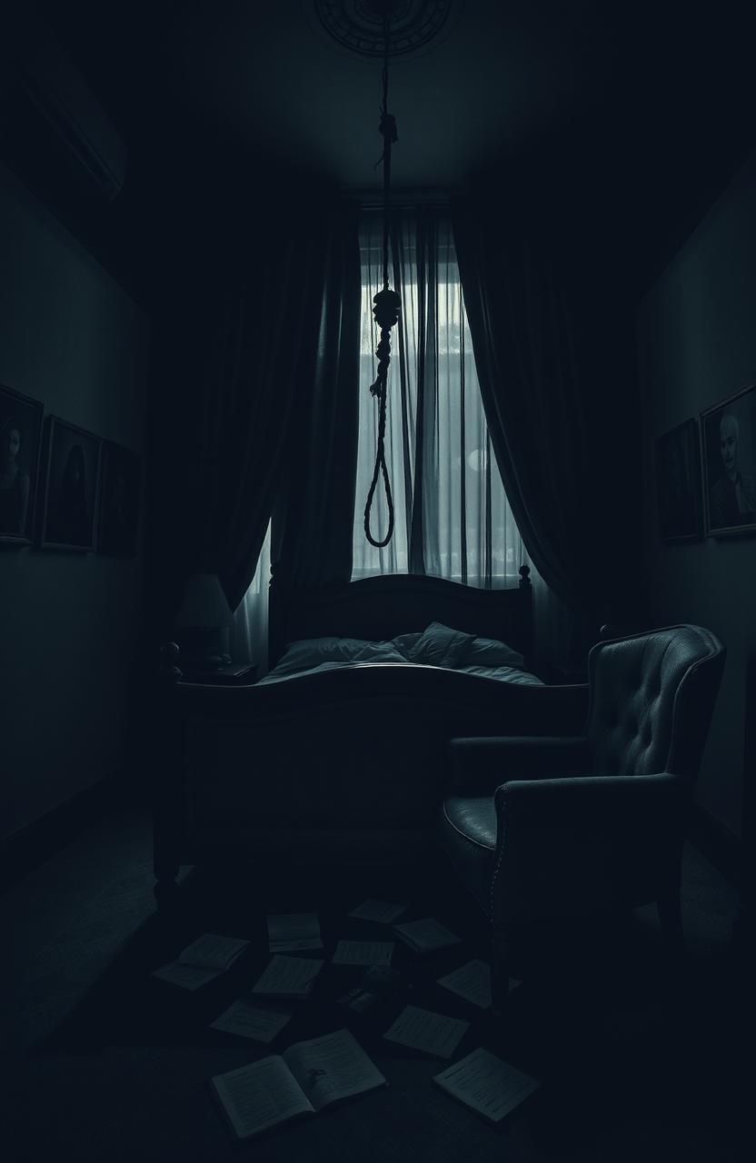 A hauntingly atmospheric bedroom filled with shadows and soft moonlight filtering through the curtains