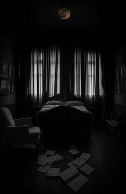 A hauntingly atmospheric bedroom filled with shadows and soft moonlight filtering through the curtains