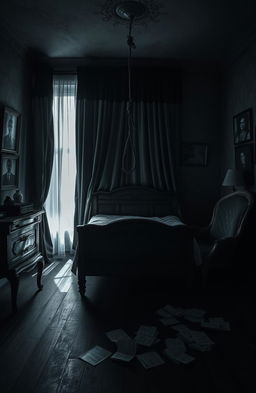 A hauntingly atmospheric bedroom filled with shadows and soft moonlight filtering through the curtains
