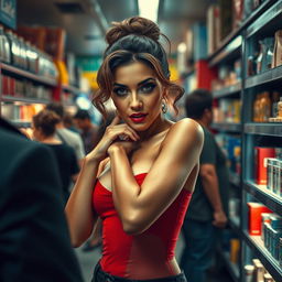 A sultry scene set in a public store, featuring a woman with a confident and alluring demeanor