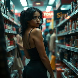 A sultry scene set in a public store, featuring a woman with a confident and alluring demeanor