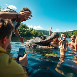 A captivating scene depicting a group of civilians excitedly discovering a mythical lake monster