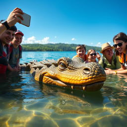 A captivating scene depicting a group of civilians excitedly discovering a mythical lake monster