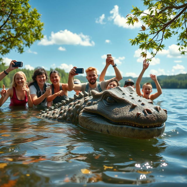 A captivating scene depicting a group of civilians excitedly discovering a mythical lake monster