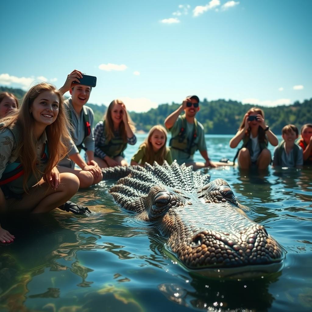 A captivating scene depicting a group of civilians excitedly discovering a mythical lake monster