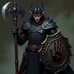 An imposing full-height elf warrior dressed in intricate dark armor, prominently featuring a black handprint on both the armor and the shield