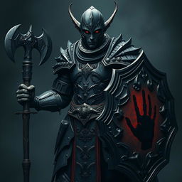 An imposing full-height elf warrior dressed in intricate dark armor, prominently featuring a black handprint on both the armor and the shield