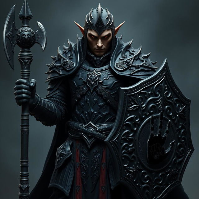 An imposing full-height elf warrior dressed in intricate dark armor, prominently featuring a black handprint on both the armor and the shield