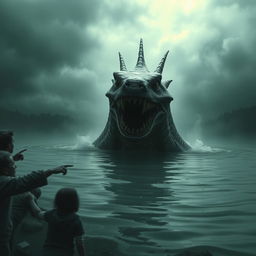 An intense scene depicting a fearsome lake monster rising ominously from the depths of a murky lake, its terrifying features clearly visible