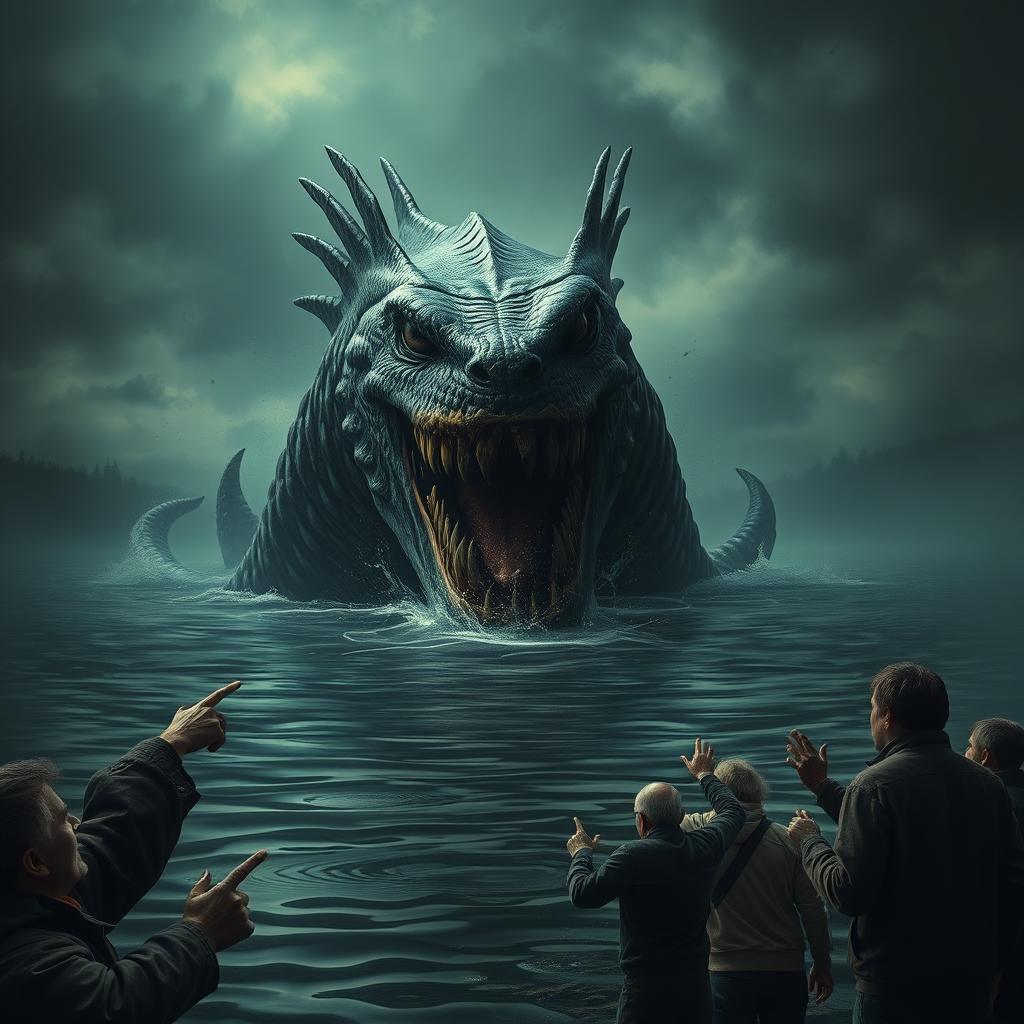 An intense scene depicting a fearsome lake monster rising ominously from the depths of a murky lake, its terrifying features clearly visible