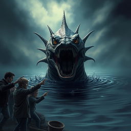 An intense scene depicting a fearsome lake monster rising ominously from the depths of a murky lake, its terrifying features clearly visible