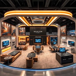 A high-tech exhibition booth designed to showcase Indian military weapons, featuring a modern aesthetic that incorporates sleek lines and sophisticated materials