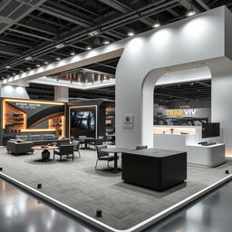 A high-tech exhibition booth designed to showcase Indian military weapons, featuring a modern aesthetic that incorporates sleek lines and sophisticated materials